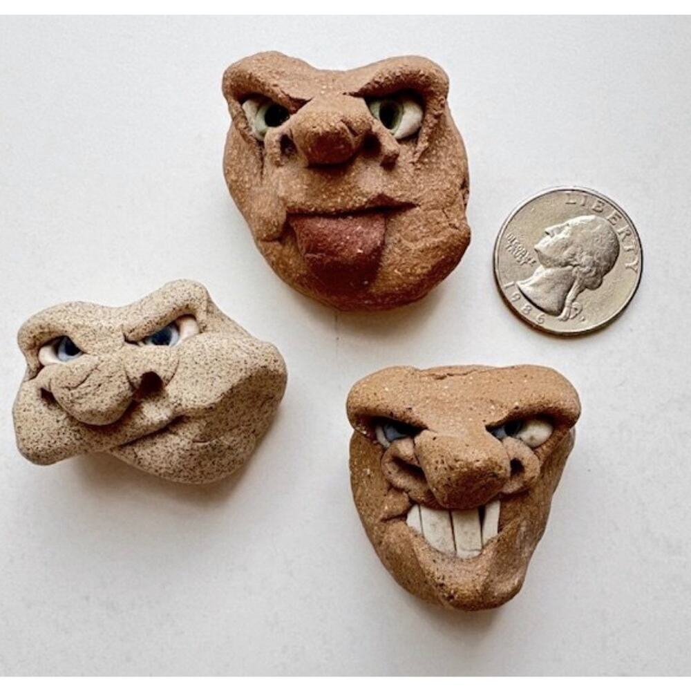Vintage Three Ugly Face Art Pottery Handmade Clay Whimsical Figurine 1 1/8”